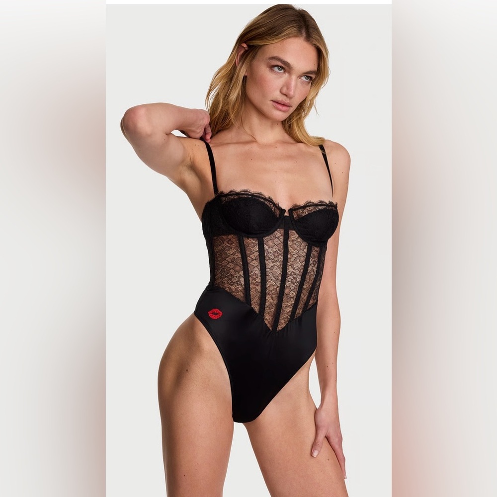 NWT Victoria's Secret Black Lace Bodysuit with Red Lip Detail